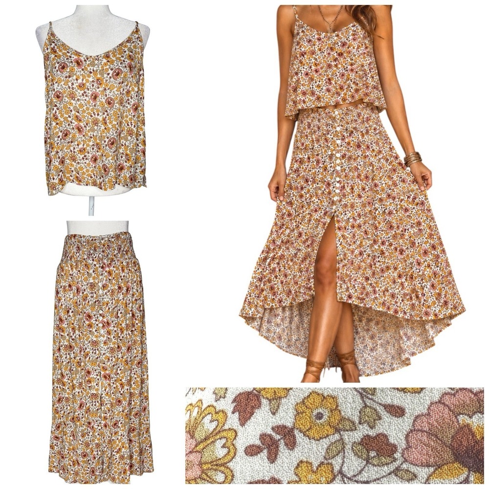Cynthia Rowley Top Midi Skirt Set L Floral Matching Outfit‎ Peasant Cottage Boho